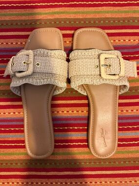 women's beige woven slide sandals
